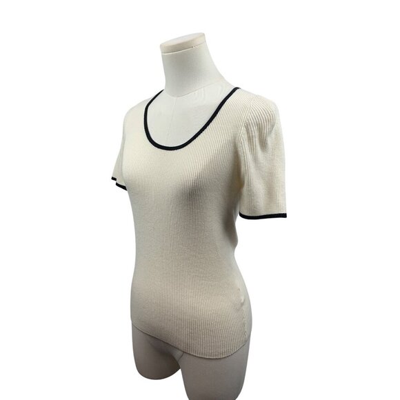 Luxe Ribbed Short Sleeve Contrast Trim Fitted Knit Top In Cream & Black - Picture 2 of 7